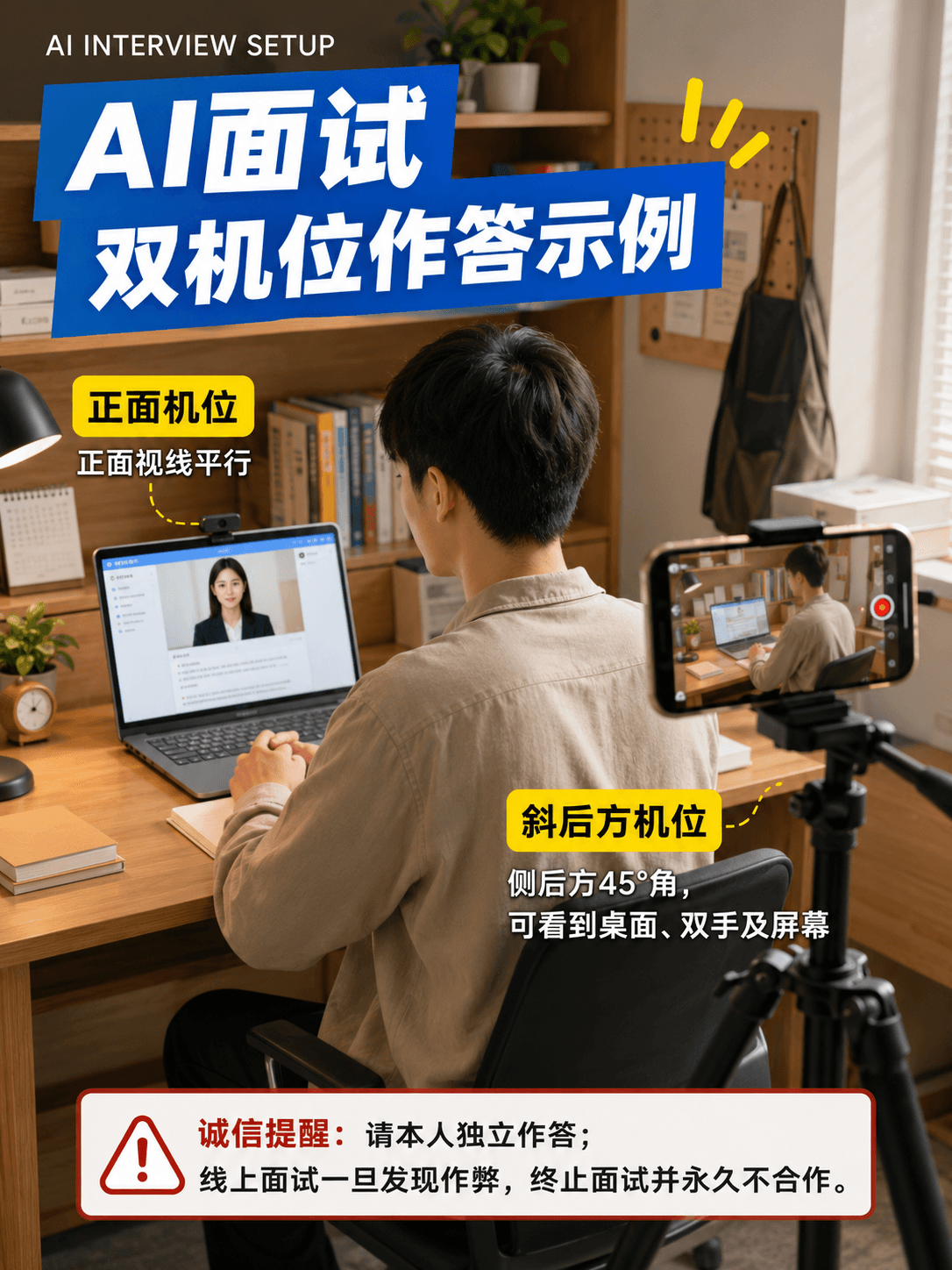 AI 面试双机位摆放示例：电脑位于正面，手机固定在侧后方约 45 度位置